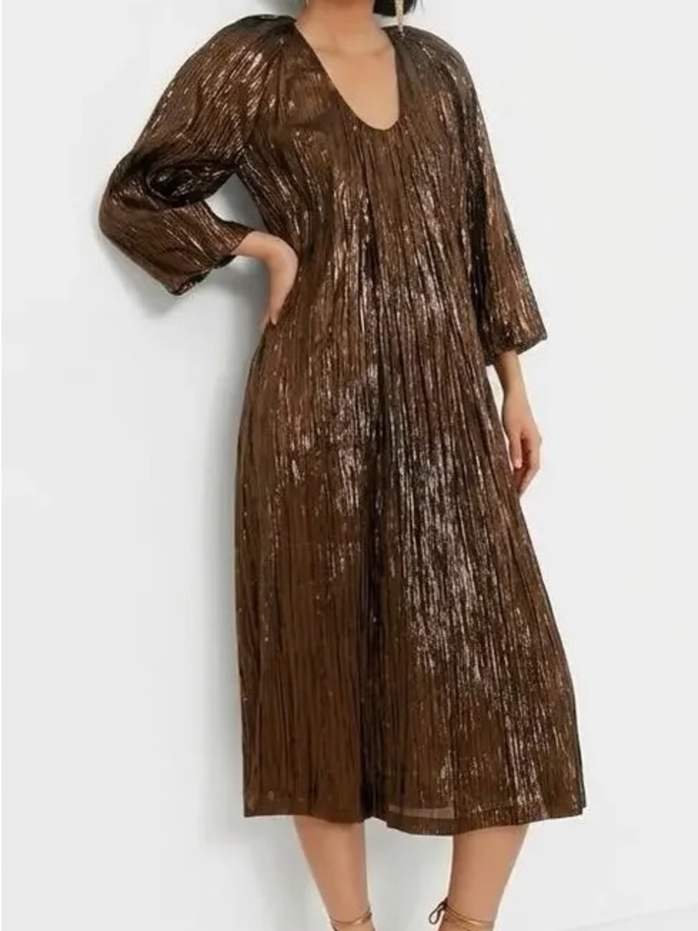 Shimmer Pleated Brown Midi Dress with V-Neck